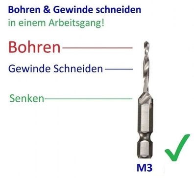 M3 HSS Kombo Gewinde Schneider mit integr Kernbohrer Bohren & Schneiden Senker
