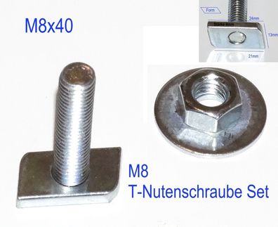 M8x40 T Nutenschraube Set Nuten Stein Schraube 24x13x4mm inkl. Mutter & Scheibe