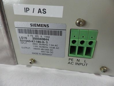 Siemens 1500W Netzteil 48V 25A 33x15A aus 230V LG15 200040844 S31043-K1180-X-5