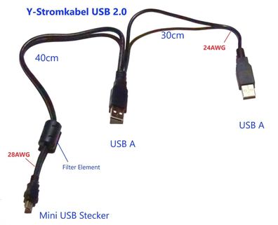 Doppel USB Ladekabel Mini USB Y-Stromkabel USB 2.0 / 28AWG