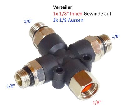 1/8" Verteiler 3-Fach mit Befestigung Druckluft 1x 1/8" Innen auf 3x 1/8 Aussen