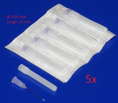 5 Stück Ø 0,55 x 25mm Nadel Spritze für technische Dosier Spritze 20ml