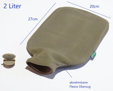 Wärmflasche mit Überbezug Fleece Bezug Khaki , 2 Liter Fassungsvermögen