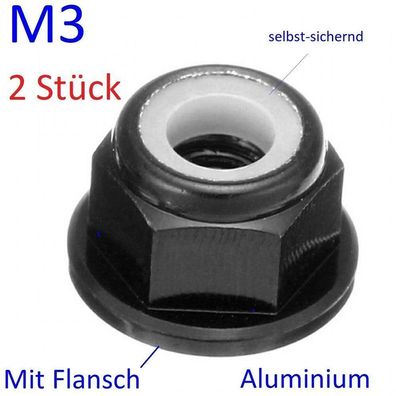2x Alu Flach Bund Mutter Selbtsichernd, schwarz eloxiert