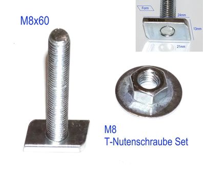 M8x60 T Nutenschraube Set Nuten Stein Schraube 24x13x4mm inkl. Mutter & Scheibe