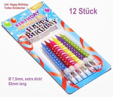 12x Geburtstag Torte Kerzen extra dick & lang mit Happy Birthday Einstecher