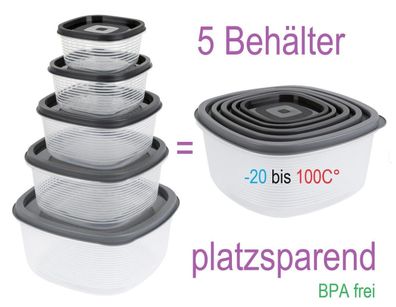 5 Frischhalte Behälter ineinander Stapelbar grau 0,2l 0,3l 0,6l 1l 1,8l