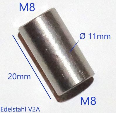M8 Edelstahl V2A Muffe Gewinde metrisch Länge 20mm