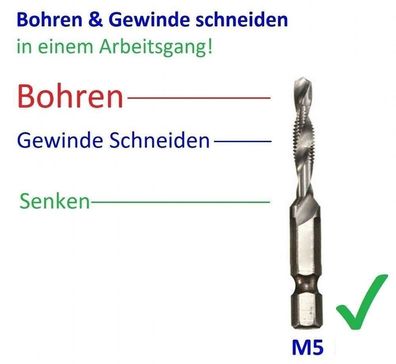 M5 HSS Kombo Gewinde Schneider mit integr Kernbohrer Bohren & Schneiden Senker