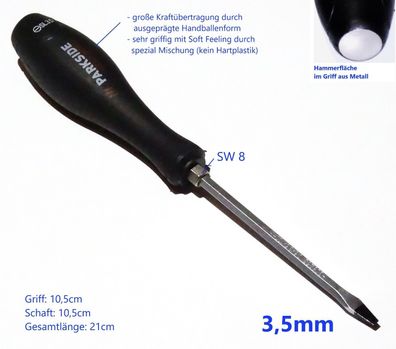3,5mm Schlitz Schraubenzieher mit Hammer Kopf & Sechkant Parkside Performance