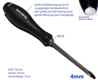 4mm Schlitz Schraubenzieher mit Hammer Kopf & Sechkant Parkside Performance