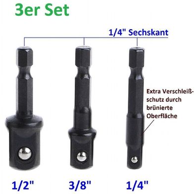 1/4“ auf 1/2“ 3/8“ 1/4“ Akku Schrauber Bit Adapter Nuss Aufnahme Set 3 tlg