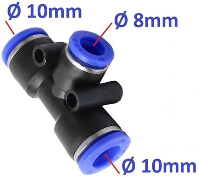Pneumatik Schlauch Ø 10mm T-Stück mit Ø 8mm Abgang