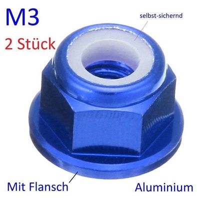 2x Alu Flach Bund Mutter Selbtsichernd, blau eloxiert