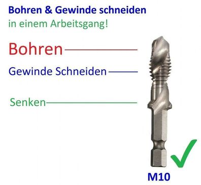 M10 HSS Kombo Gewinde Schneider mit integr Kernbohrer Bohren & Schneiden Senker