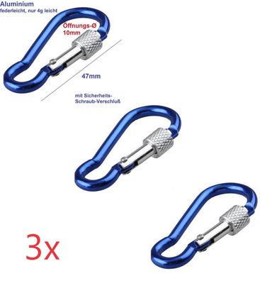 3x Aluminium Karabinerhaken für Wäscheleine mit Schraubschluß