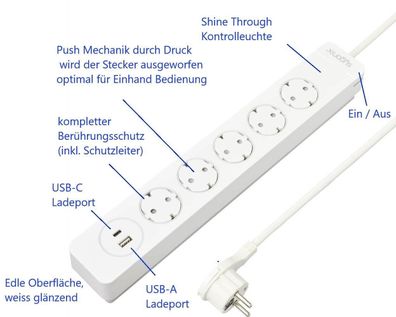 Design Funktion USB 5 fach Steckdosenleiste Berührungschutz Auswurf Mechanik