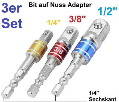 3er Set 1/4" auf 1/4 3/8 1/2 Nussaufnahme Steckschlüssel farbig