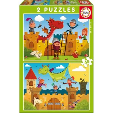 Educa 17151, Drachen und Ritter, 2x48 Teile Puzzle für Kinder ab 4 Jahren