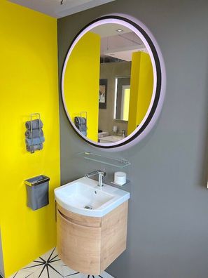 MyStar Handwaschbecken 50cm, Unterschrank Eiche, Spiegel, Armatur + Wand WC