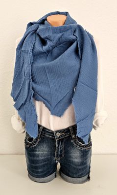 Italy Blogger XXL Dreieckstuch Schal Tuch Musselin 100% Baumwolle Fransen Jeansblau