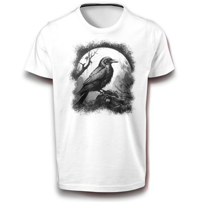 Krähe im Vollmond Keltische Rabe Wikinger T-Shirt Baumwolle Valhalla Vogel