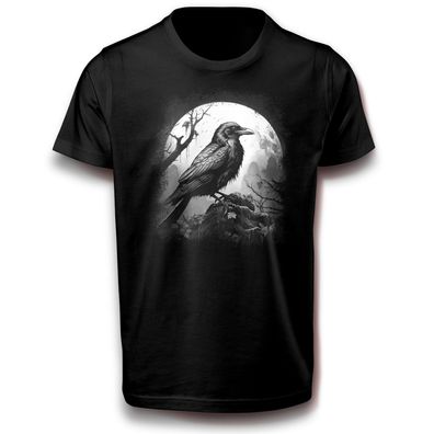 Krähe im Vollmond Keltische Rabe Wikinger Baumwolle T-Shirt Valhalla Vogel