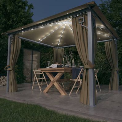 Pavillon mit Vorhängen & LED-Lichterkette 300x300 cm Taupe Alu