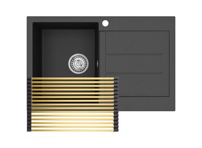 GURARI Einbau Granitspüle Schwarz, inkl. Siphon + Aufrollbare Abtropfmatte