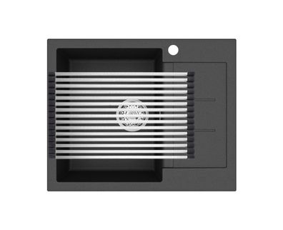 GURARI Einbau Granitspüle Schwarz, inkl. Siphon + Aufrollbare Abtropfmatte