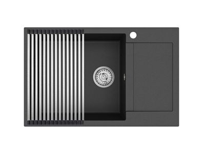 GURARI Einbau Granitspüle Schwarz, inkl. Siphon + Aufrollbare Abtropfmatte
