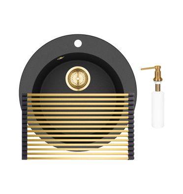 GURARI Einbau Granitspüle Retro + Aufrollbare Abtropfmatte + Seifenspender