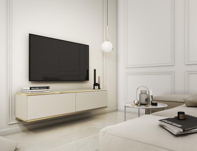 FURNIX TV-Schrank LIWIA 135 Fernsehschrank mit Zierleisten Türen Beige-Gold