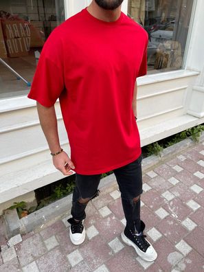 Oversize Herren Kurzarm T-Shirt Weiter Auschnitt Extra Lang Rundhals Herrenshirt Rot