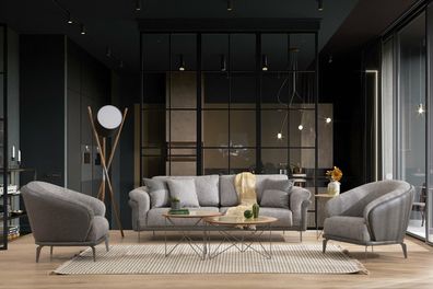 Sofagarnitur Sofa 3 Sitzer Grau Sessel Wohnzimmer Möbel Luxus Design