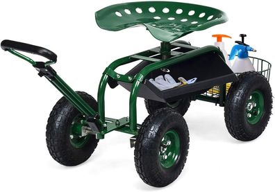 Rollsitz mit Rollen, Gartenwagen mit ausziehbarem Griff & Korb, 360° drehbar