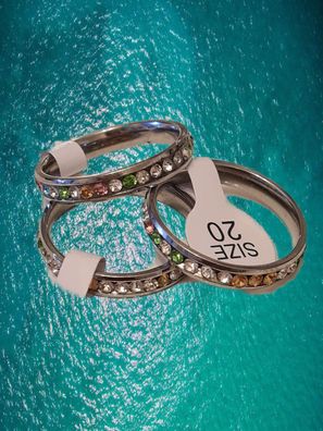 Modeschmuck Edelstahl Ring Verlobung bunte Steine Farbe silber Größe 17-22 #198