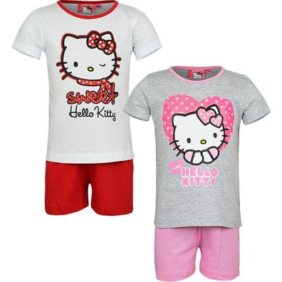 Pyjama Set Kurz Schlafanzug Mädchen Hello Kitty weiß rot grau 98 104 116 128 #50