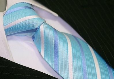 Herren Luxus Krawatte Binder Schlips Seide 150 cm hellblau weiß gestreift OVP