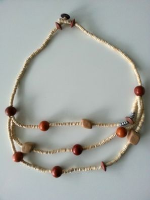 Modeschmuck Damenschmuck Holzkette 3fach rotbraun Länge 64cm Halskette Kette #29