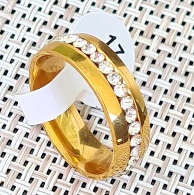 NEU Modeschmuck Ring Edelstahl Farbe gold Dicke 6mm Ehering Steine 17.5-22 #171