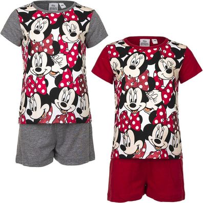 Neu Pyjama Set Kurz Schlafanzug Mädchen Minnie Mouse grau rot 98 104 116 128 #76