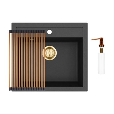 GURARI Einbau Granitspüle Retro Design + Aufrollbare Abtropfmatte + Seifenspender