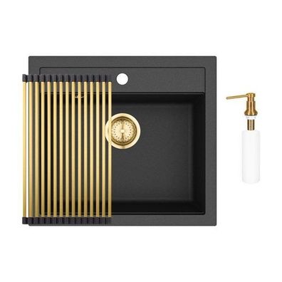 GURARI Einbau Granitspüle Retro Design + Aufrollbare Abtropfmatte + Seifenspender