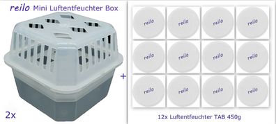 2x reilo Mini Raumentfeuchter Box 0,5l mit 12x 450g Luftentfeuchter TAB's