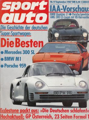 sport auto 9 / 1987, Mercedes 300 SL, Porsche 959, BMW M1, Formel 1, Alfa Spider, Jag