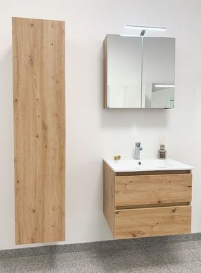 Design-Badmöbel-Set 60 cm weiß/ Eiche, LED-Spiegelschrank, Hochschrank drehbar