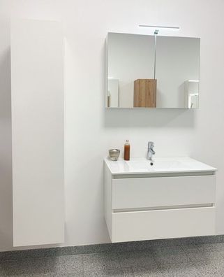 Design-Badmöbel-Set 80 cm weiß/ Eiche, LED-Spiegelschrank, Hochschrank drehbar