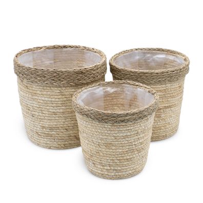 Seegras Pflanz Korb 3er Set - 25 / 20 / 15 cm - Rattan Deko Blumen Topf foliert