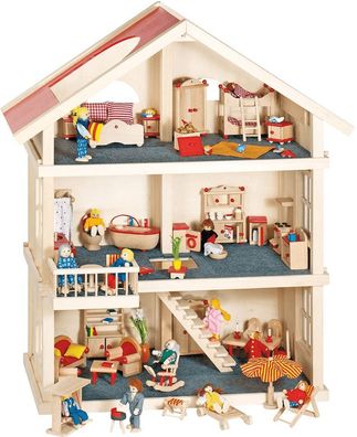 Goki Puppenhaus 3 Etagen Holz Puppenstube Spielzeughaus beige